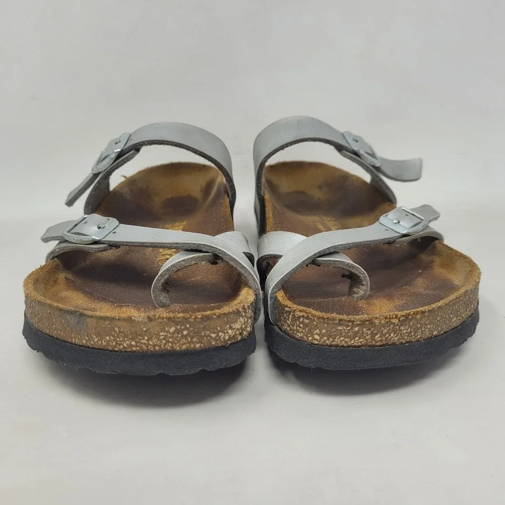 Birkenstock Mayari Sandals EU38 US7.5 Silver Birko Flor Slides Slip On Comfort